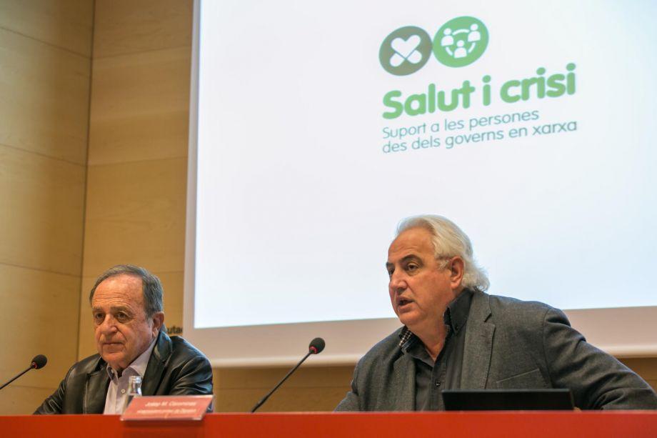 roda de premsa celebrada aquest 10 de març a la Diputació de Girona. D’esquerra a dreta: Joan Giraut, president de la Diputació de Girona i de Dipsalut, i Josep M. Corominas, vicepresident primer de Dipsalut. Autor: Eddy Kelele